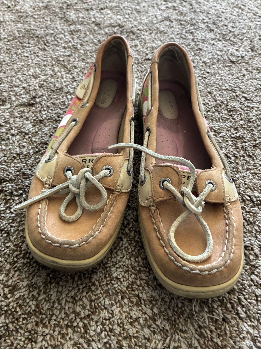 Sperry Tan Leather Boat Shoes with Pink Liner